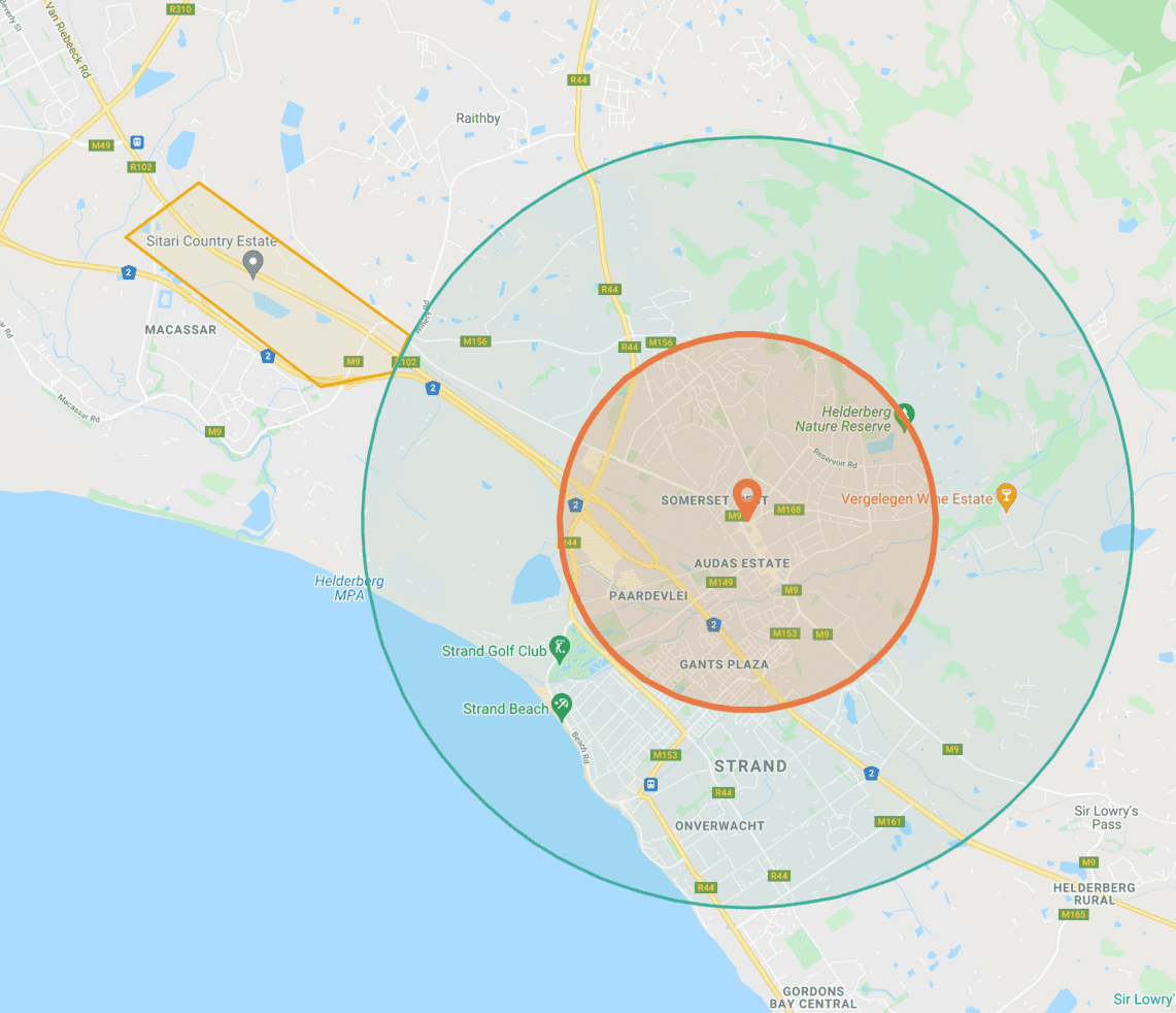 Map showing delivery areas 1 and 2 for Blue Waters Seafood and Sushi Restaurant